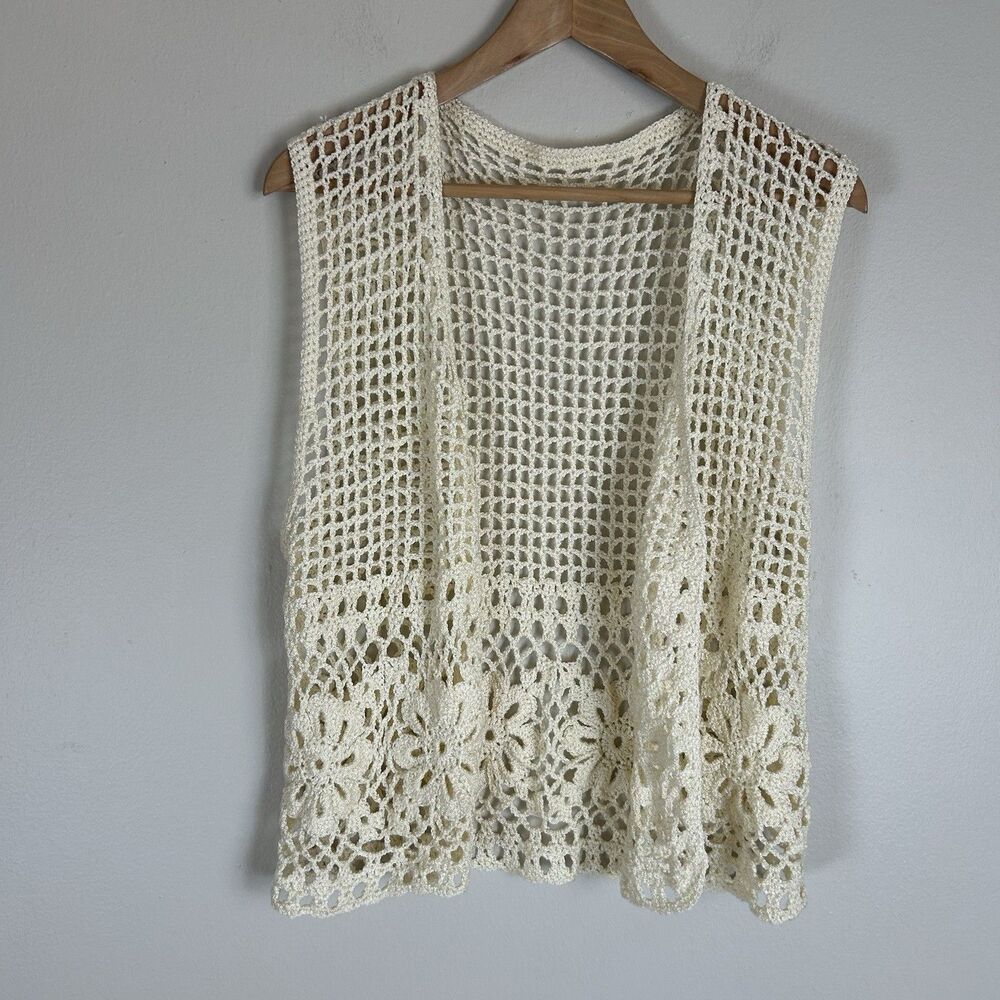 XL Homemade Handmade Grandma Nonna Crochet Vest Beige Ivory Vintage Boho Hippie